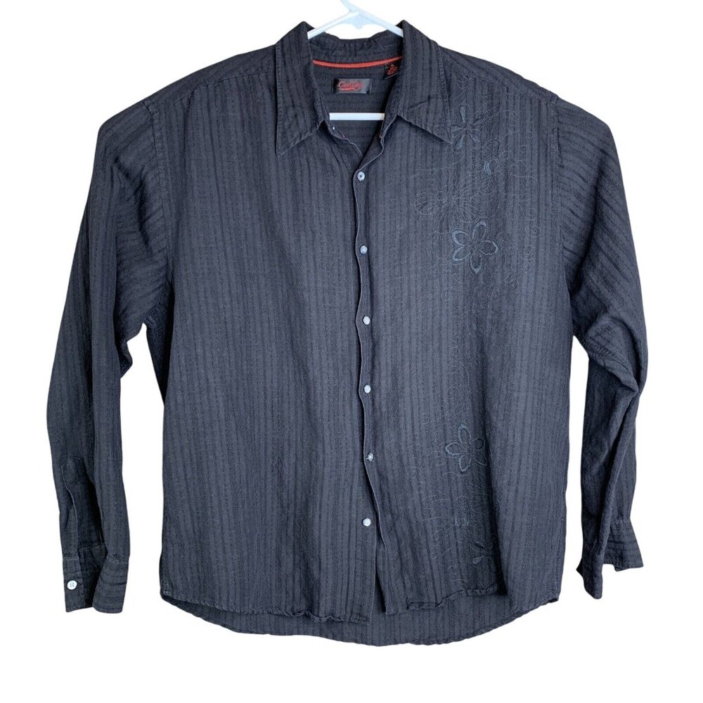 Cortigo Black Linen & Rayon Floral Embroidered Button-Up Shirt XL Long Sleeve Li